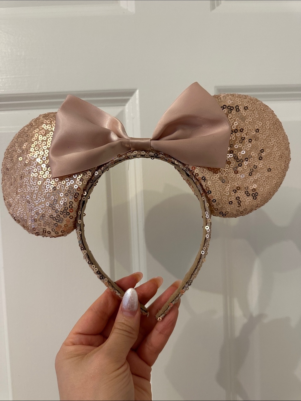 Girls Sequin Mouse Ear Headband with Satin Bow - Blush